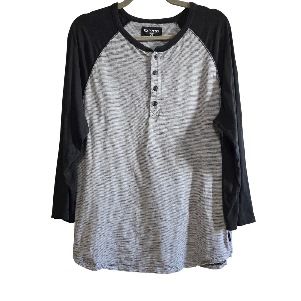 Sporty Express Henley Top Women's Large Gray Black Raglan 3/4 Sleeve Striped Tee